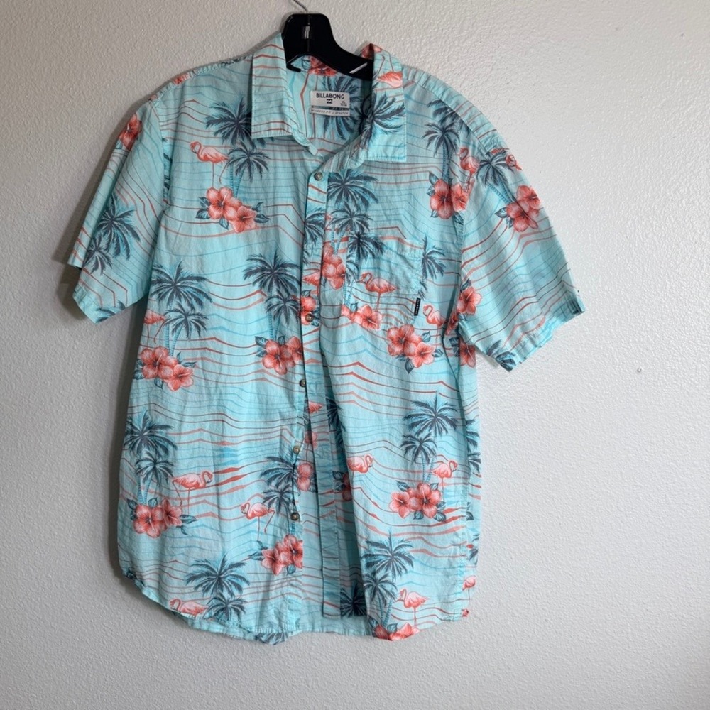 Billabong Mens XL Flamingo Palm Tropical Button Down Shirt Blue Tailored Fit